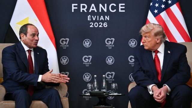 Egypt's President Abdel Fattah El-Sisi (L) and US President Donald Trump attend a bilateral meeting on the sidelines of the G7 summit, in Evian, eastern France, on June 17, 2026. A G7 summit is set to take place June 15 to 17 in the French town of Evian-les-Bains near Switzerland and it will be attended by country leaders as well as the EU's foreign policy chief and ministers from Brazil, Canada, the United Arab Emirates and Turkey. (Photo by Mandel NGAN / AFP)