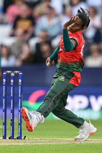Bangladesh's Marufa Akter bowls during the ICC Women's T20 cricket world cup 2026 game between Australia and Bangladesh, at Headingley in Leeds, northern England on June 17, 2026. (Photo by Oli SCARFF / AFP)