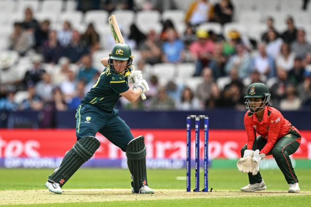 Australia's Beth Mooney (L) bats during the ICC Women's T20 cricket world cup 2026 game between Australia and Bangladesh, at Headingley in Leeds, northern England on June 17, 2026. (Photo by Oli SCARFF / AFP)