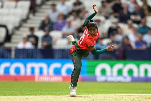 Bangladesh's Marufa Akter bowls during the ICC Women's T20 cricket world cup 2026 game between Australia and Bangladesh, at Headingley in Leeds, northern England on June 17, 2026. (Photo by Oli SCARFF / AFP)