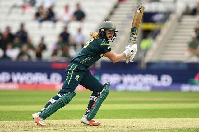 Australia's Ellyse Perry bats during the ICC Women's T20 cricket world cup 2026 game between Australia and Bangladesh, at Headingley in Leeds, northern England on June 17, 2026. (Photo by Oli SCARFF / AFP)