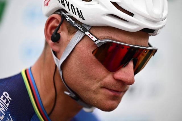 Mathieu van der Poel of team Alpecin-Premier Tech stands on stage before the first stage of the Men's Tour of Switzerland (Tour de Suisse) cycling race, in Sondrio, Italy, on June 17, 2026. (Photo by Marco BERTORELLO / AFP)