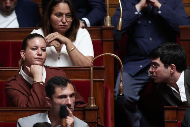 President of La France Insoumise - Nouveau Front Populaire parliamentary group Mathilde Panot (L) attends a session of questions to the government at The National Assembly, France's lower house of parliament in Paris on June 17, 2026. (Photo by Guillaume BAPTISTE / AFP)
