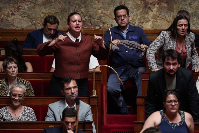 President of La France Insoumise - Nouveau Front Populaire parliamentary group Mathilde Panot (L) reacts during a session of questions to the government at The National Assembly, France's lower house of parliament in Paris on June 17, 2026. (Photo by Guillaume BAPTISTE / AFP)
