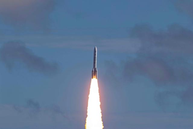 Arianespace's Ariane 6 rocket equipped for the first time with four P160C boosters, carrying a paylaod of 36 satellites from Amazon’s Leo constellation as part of Flight VA269, at the Guiana Space Centre in Kourou, on the French overseas department of Guiana on June 17, 2026. (Photo by RONAN LIETAR / AFP)