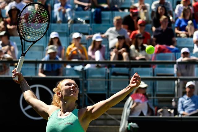 Czech Republic's Katerina Siniakova serves the ball to USA's Jessica Pegula during the women's singles round of 16 match at the WTA 500 Berlin Tennis Open tournament in Berlin on June 17, 2026. (Photo by John MACDOUGALL / AFP)