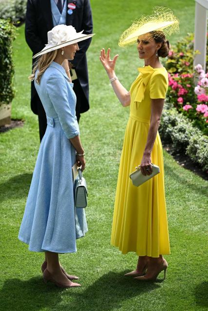 Britain's Catherine, Princess of Wales (R) chats on arrival on the second day of the Royal Ascot horse racing meeting in Ascot, west of London, on June 17, 2026. (Photo by JUSTIN TALLIS / AFP)