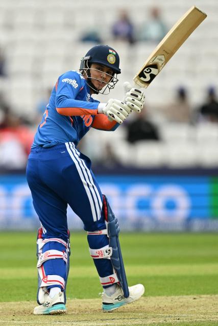 India's Smriti Mandhana bats during the ICC Women's T20 cricket world cup 2026 game between India and The Netherlands, at Headingley in Leeds, northern England on June 17, 2026. (Photo by Oli SCARFF / AFP)