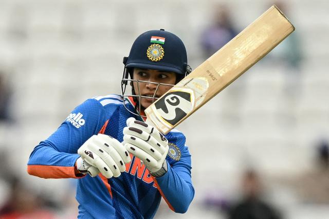 India's Smriti Mandhana plays a shot during the ICC Women's T20 cricket world cup 2026 game between India and The Netherlands, at Headingley in Leeds, northern England on June 17, 2026. (Photo by Oli SCARFF / AFP)