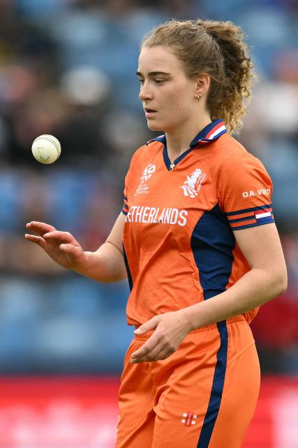Netherlands' Isabel van der Woning prepares to bowl during the ICC Women's T20 cricket world cup 2026 game between India and The Netherlands, at Headingley in Leeds, northern England on June 17, 2026. (Photo by Oli SCARFF / AFP)
