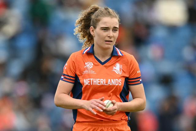 Netherlands' Isabel van der Woning prepares to bowl during the ICC Women's T20 cricket world cup 2026 game between India and The Netherlands, at Headingley in Leeds, northern England on June 17, 2026. (Photo by Oli SCARFF / AFP)
