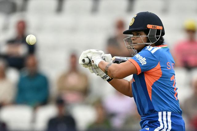 India's Shafali Verma bats during the ICC Women's T20 cricket world cup 2026 game between India and The Netherlands, at Headingley in Leeds, northern England on June 17, 2026. (Photo by Oli SCARFF / AFP)