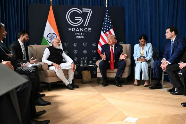 US President Donald Trump (3rd R), India's Prime Minister Narendra Modi (2nd L) and US Secretary of State Marco Rubio (R) attend a bilateral meeting as part of the G7 summit, in Evian, eastern France, on June 17, 2026. A G7 summit is set to take place June 15 to 17 in the French town of Evian-les-Bains near Switzerland and it will be attended by country leaders as well as the EU's foreign policy chief and ministers from Brazil, Canada, the United Arab Emirates and Turkey. (Photo by Mandel NGAN / AFP)