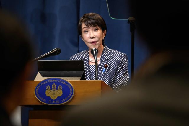 TOPSHOT - Japan's Prime Minister Sanae Takaichi speaks during a press conference of the G7 summit, in Evian, eastern France, on June 17, 2026. A G7 summit is set to take place June 15 to 17 in the French town of Evian-les-Bains near Switzerland and it will be attended by country leaders as well as the EU's foreign policy chief and ministers from Brazil, Canada, the United Arab Emirates and Turkey. (Photo by Fabrice COFFRINI / AFP)
