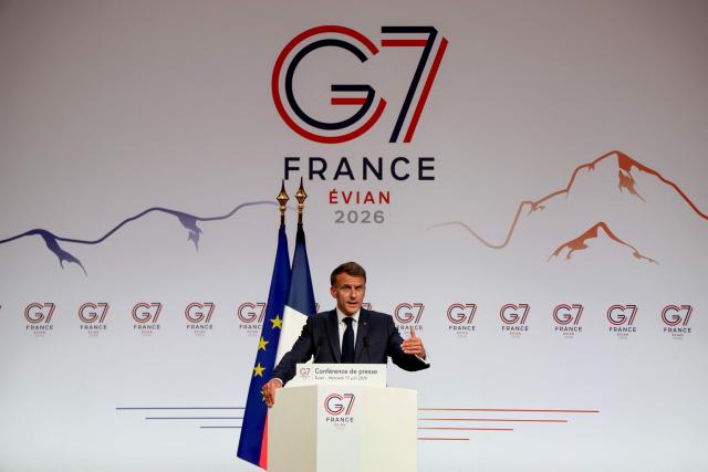 France's President Emmanuel Macron speaks during the closing press conference of the G7 summit, in Evian, eastern France, on June 17, 2026. A G7 summit is set to take place June 15 to 17 in the French town of Evian-les-Bains near Switzerland and it will be attended by country leaders as well as the EU's foreign policy chief and ministers from Brazil, Canada, the United Arab Emirates and Turkey. (Photo by Ludovic MARIN / AFP)