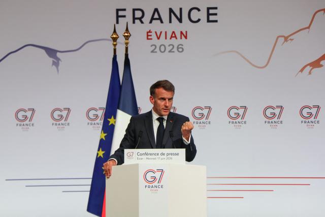 France's President Emmanuel Macron speaks during the closing press conference of the G7 summit, in Evian, eastern France, on June 17, 2026. A G7 summit is set to take place June 15 to 17 in the French town of Evian-les-Bains near Switzerland and it will be attended by country leaders as well as the EU's foreign policy chief and ministers from Brazil, Canada, the United Arab Emirates and Turkey. (Photo by Ludovic MARIN / AFP)