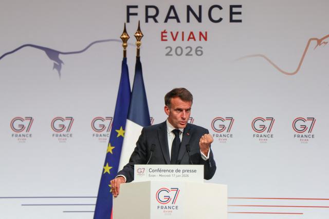 France's President Emmanuel Macron speaks during the closing press conference of the G7 summit, in Evian, eastern France, on June 17, 2026. A G7 summit is set to take place June 15 to 17 in the French town of Evian-les-Bains near Switzerland and it will be attended by country leaders as well as the EU's foreign policy chief and ministers from Brazil, Canada, the United Arab Emirates and Turkey. (Photo by Ludovic MARIN / AFP)