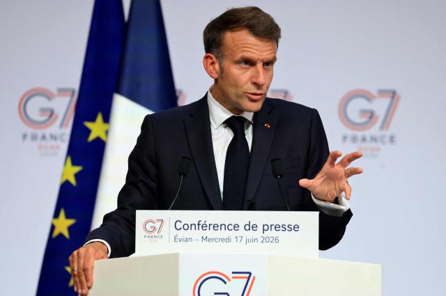 France's President Emmanuel Macron speaks during the closing press conference of the G7 summit, in Evian, eastern France, on June 17, 2026. A G7 summit is set to take place June 15 to 17 in the French town of Evian-les-Bains near Switzerland and it will be attended by country leaders as well as the EU's foreign policy chief and ministers from Brazil, Canada, the United Arab Emirates and Turkey. (Photo by Ludovic MARIN / AFP)
