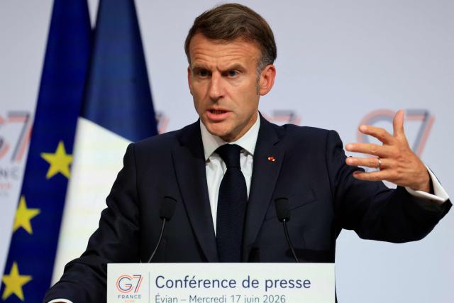 France's President Emmanuel Macron speaks during the closing press conference of the G7 summit, in Evian, eastern France, on June 17, 2026. A G7 summit is set to take place June 15 to 17 in the French town of Evian-les-Bains near Switzerland and it will be attended by country leaders as well as the EU's foreign policy chief and ministers from Brazil, Canada, the United Arab Emirates and Turkey. (Photo by Ludovic MARIN / AFP)