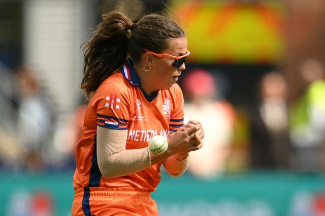 Netherlands' Phebe Molkenboer drops a catch during the ICC Women's T20 cricket world cup 2026 game between India and The Netherlands, at Headingley in Leeds, northern England on June 17, 2026. (Photo by Oli SCARFF / AFP)