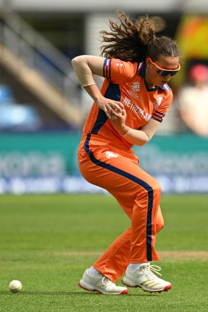 Netherlands' Phebe Molkenboer drops a catch during the ICC Women's T20 cricket world cup 2026 game between India and The Netherlands, at Headingley in Leeds, northern England on June 17, 2026. (Photo by Oli SCARFF / AFP)