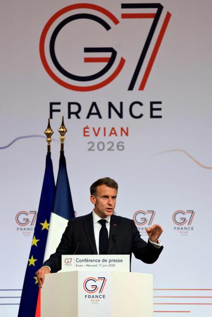France's President Emmanuel Macron speaks during the closing press conference of the G7 summit, in Evian, eastern France, on June 17, 2026. A G7 summit is set to take place June 15 to 17 in the French town of Evian-les-Bains near Switzerland and it will be attended by country leaders as well as the EU's foreign policy chief and ministers from Brazil, Canada, the United Arab Emirates and Turkey. (Photo by Ludovic MARIN / AFP)