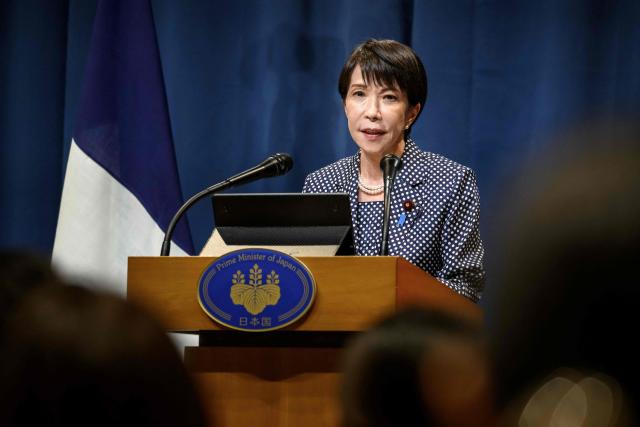 Japan's Prime Minister Sanae Takaichi speaks during a press conference at the G7 summit, in Evian, eastern France, on June 17, 2026. A G7 summit is set to take place June 15 to 17 in the French town of Evian-les-Bains near Switzerland and it will be attended by country leaders as well as the EU's foreign policy chief and ministers from Brazil, Canada, the United Arab Emirates and Turkey. (Photo by Fabrice COFFRINI / AFP)