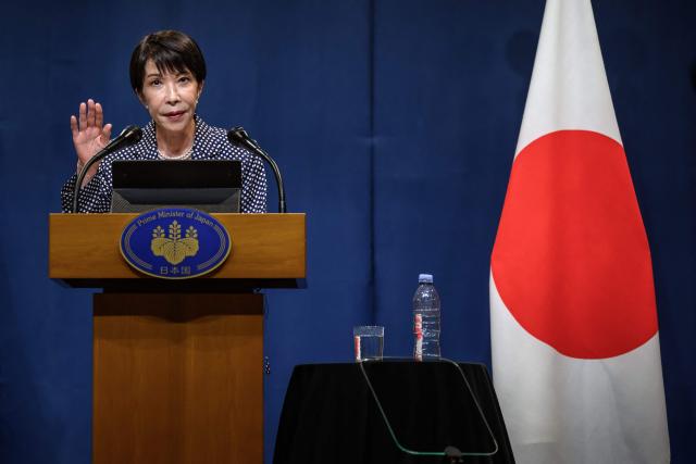 TOPSHOT - Japan's Prime Minister Sanae Takaichi speaks during a press conference at the G7 summit, in Evian, eastern France, on June 17, 2026. A G7 summit is set to take place June 15 to 17 in the French town of Evian-les-Bains near Switzerland and it will be attended by country leaders as well as the EU's foreign policy chief and ministers from Brazil, Canada, the United Arab Emirates and Turkey. (Photo by Fabrice COFFRINI / AFP)