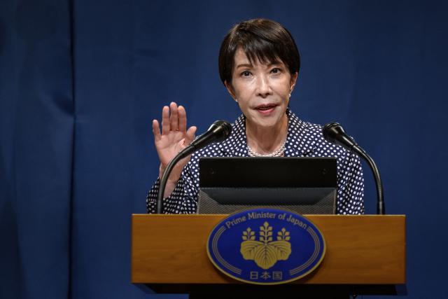 Japan's Prime Minister Sanae Takaichi gestures as she speaks during a press conference of the G7 summit, in Evian, eastern France, on June 17, 2026. A G7 summit is set to take place June 15 to 17 in the French town of Evian-les-Bains near Switzerland and it will be attended by country leaders as well as the EU's foreign policy chief and ministers from Brazil, Canada, the United Arab Emirates and Turkey. (Photo by Fabrice COFFRINI / AFP)