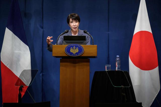 Japan's Prime Minister Sanae Takaichi speaks during a press conference at the G7 summit, in Evian, eastern France, on June 17, 2026. A G7 summit is set to take place June 15 to 17 in the French town of Evian-les-Bains near Switzerland and it will be attended by country leaders as well as the EU's foreign policy chief and ministers from Brazil, Canada, the United Arab Emirates and Turkey. (Photo by Fabrice COFFRINI / AFP)