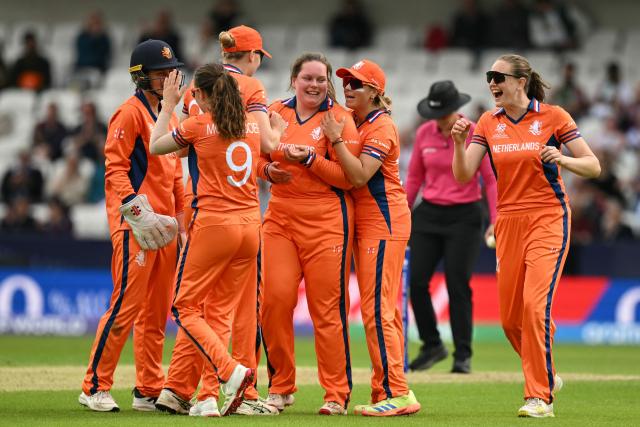 The Netherlands celebrate the dismissal of India's Yastika Bhatia (not pictured) during the ICC Women's T20 cricket world cup 2026 game between India and The Netherlands, at Headingley in Leeds, northern England on June 17, 2026. (Photo by Oli SCARFF / AFP)