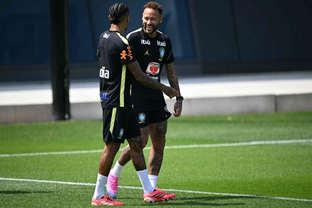 Brazil's forward #10 Neymar (C) takes part in a training session ahead of Brazil's 2026 World Cup football tournament Group C football match against Haiti in Morris Township on June 17, 2026.  (Photo by MAURO PIMENTEL / AFP)