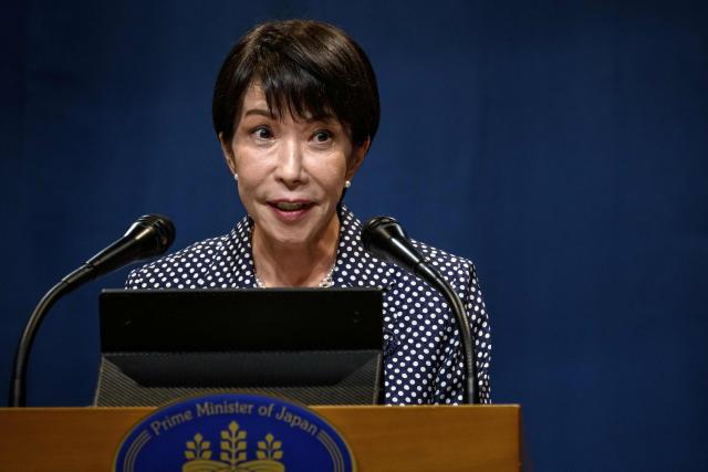 Japan's Prime Minister Sanae Takaichi speaks during a press conference of the G7 summit, in Evian, eastern France, on June 17, 2026. A G7 summit is set to take place June 15 to 17 in the French town of Evian-les-Bains near Switzerland and it will be attended by country leaders as well as the EU's foreign policy chief and ministers from Brazil, Canada, the United Arab Emirates and Turkey. (Photo by Fabrice COFFRINI / AFP)
