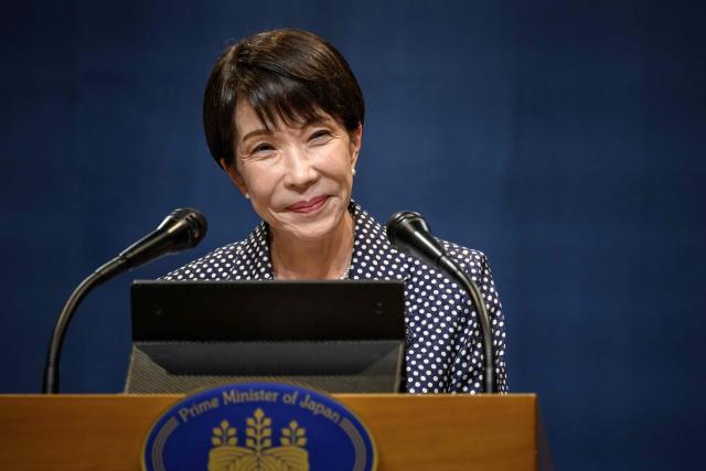 Japan's Prime Minister Sanae Takaichi reacts during a press conference of the G7 summit, in Evian, eastern France, on June 17, 2026. A G7 summit is set to take place June 15 to 17 in the French town of Evian-les-Bains near Switzerland and it will be attended by country leaders as well as the EU's foreign policy chief and ministers from Brazil, Canada, the United Arab Emirates and Turkey. (Photo by Fabrice COFFRINI / AFP)