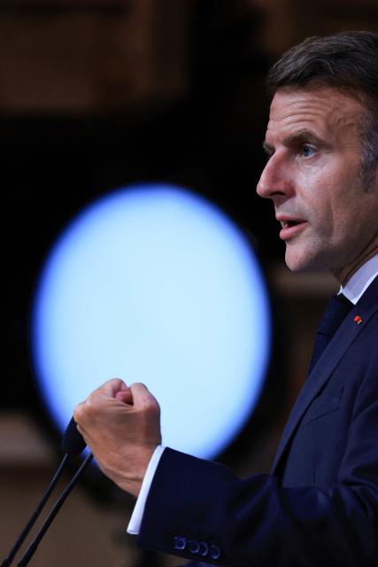 France's President Emmanuel Macron gestures as he speaks during the closing press conference of the G7 summit, in Evian, eastern France, on June 17, 2026. A G7 summit is set to take place June 15 to 17 in the French town of Evian-les-Bains near Switzerland and it will be attended by country leaders as well as the EU's foreign policy chief and ministers from Brazil, Canada, the United Arab Emirates and Turkey. (Photo by Ludovic MARIN / AFP)