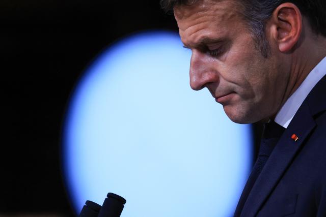 France's President Emmanuel Macron reacts during the closing press conference of the G7 summit, in Evian, eastern France, on June 17, 2026. A G7 summit is set to take place June 15 to 17 in the French town of Evian-les-Bains near Switzerland and it will be attended by country leaders as well as the EU's foreign policy chief and ministers from Brazil, Canada, the United Arab Emirates and Turkey. (Photo by Ludovic MARIN / AFP)