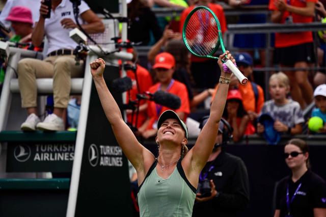 Spain's Paula Badosa celebrates after winning against USA's Coco Gauff during the women's singles round of 16 tennis match at the WTA 500 Berlin Tennis Open tournament in Berlin on June 17, 2026. (Photo by John MACDOUGALL / AFP)
