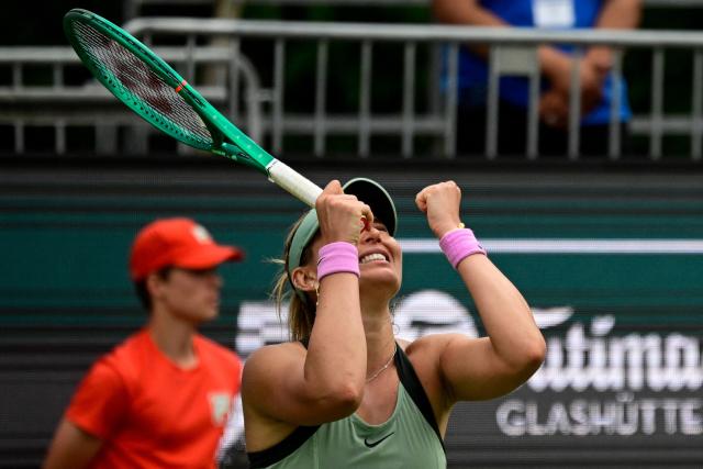 Spain's Paula Badosa celebrates after winning against USA's Coco Gauff during the women's singles round of 16 tennis match at the WTA 500 Berlin Tennis Open tournament in Berlin on June 17, 2026. (Photo by John MACDOUGALL / AFP)