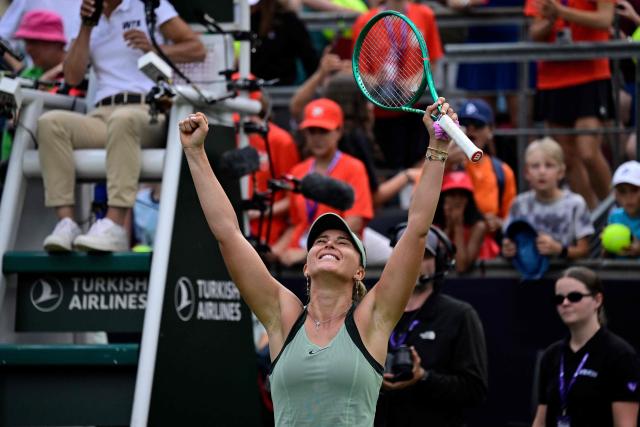 Spain's Paula Badosa celebrates after winning against USA's Coco Gauff during the women's singles round of 16 tennis match at the WTA 500 Berlin Tennis Open tournament in Berlin on June 17, 2026. (Photo by John MACDOUGALL / AFP)