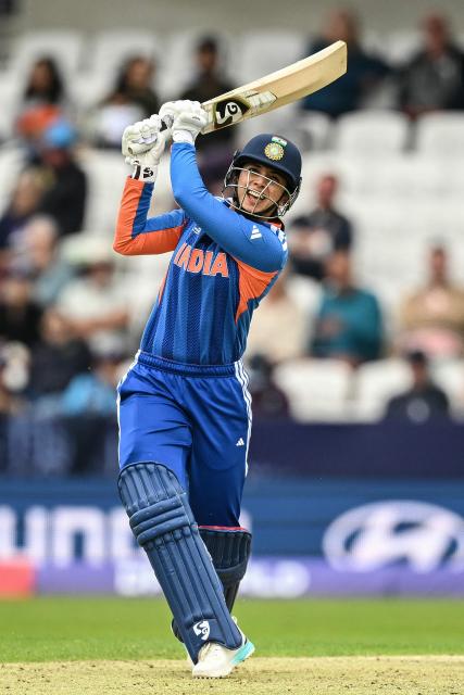 India's Smriti Mandhana bats during the ICC Women's T20 cricket world cup 2026 game between India and The Netherlands, at Headingley in Leeds, northern England on June 17, 2026. (Photo by Oli SCARFF / AFP)