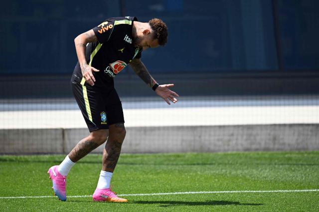 Brazil's forward #10 Neymar takes part in a training session ahead of Brazil's 2026 World Cup football tournament Group C football match against Haiti in Morris Township on June 17, 2026.  (Photo by MAURO PIMENTEL / AFP)