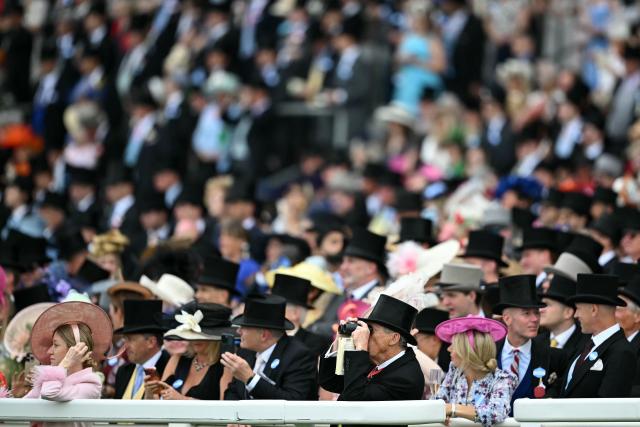 Racegoers stand at the finish post to watch the rinners and riders in the Prince Of Wales's Stakes horse race on the second day of the Royal Ascot horse racing meeting in Ascot, west of London, on June 17, 2026. (Photo by JUSTIN TALLIS / AFP)