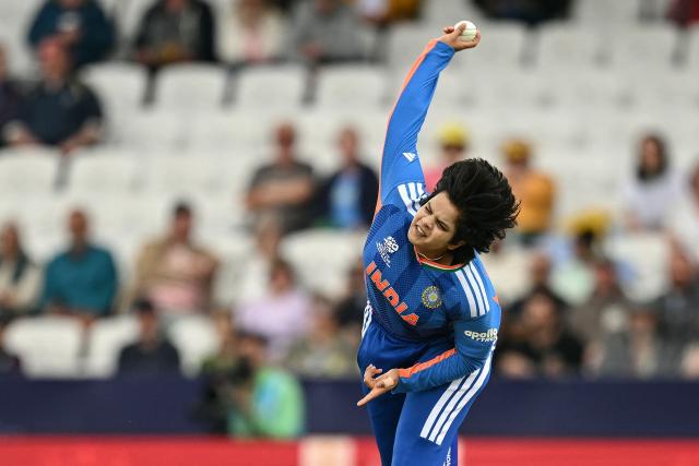 India's Shafali Verma bowls during the ICC Women's T20 cricket world cup 2026 game between India and The Netherlands, at Headingley in Leeds, northern England on June 17, 2026. (Photo by Oli SCARFF / AFP)