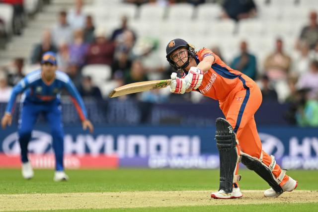 Netherlands' Phebe Molkenboer (R) bats during the ICC Women's T20 cricket world cup 2026 game between India and The Netherlands, at Headingley in Leeds, northern England on June 17, 2026. (Photo by Oli SCARFF / AFP)