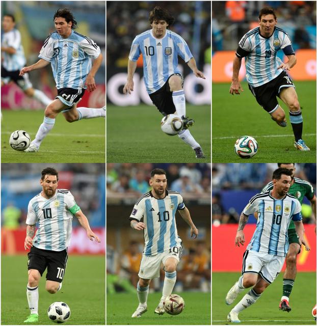 (COMBO) This combination of pictures created on June 16, 2026 shows (L to R) Argentinian forward Lionel Messi running with the ball during the World Cup 2006 round of 16 football game Argentina vs. Mexico, 24 June 2006 at Leipzig stadium; Argentina's striker Lionel Messi kicking the ball during Argentina vs Nigeria their Group B first round 2010 World Cup football match on June 12, 2010 at Ellis Park stadium in Johannesburg; Argentina's forward and captain Lionel Messi running with the ball during the semi-final football match between Netherlands and Argentina of the FIFA World Cup at The Corinthians Arena in Sao Paulo on July 9, 2014; Argentina's forward Lionel Messi controlling the ball during the Russia 2018 World Cup Group D football match between Nigeria and Argentina at the Saint Petersburg Stadium in Saint Petersburg on June 26, 2018, Argentina's forward #10 Lionel Messi controlling the ball during the Qatar 2022 World Cup final football match between Argentina and France at Lusail Stadium in Lusail, north of Doha on December 18, 2022; and Argentina's forward #10 Lionel Messi controlling the ball during the 2026 World Cup Group J football match between Argentina and Algeria at the Kansas City Stadium in Kansas City on June 16, 2026. Lionel Messi became the first man to play in six World Cup tournaments when he started for Argentina in their opening match against Algeria in Kansas City on June 16, 2026. The 38-year-old, who captained the South American nation to the title four years ago in Qatar, also won his 200th international cap. (Photo by AFP)