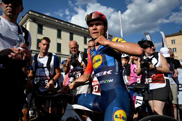Italian rider Andrea Bagioli of team Lidl-Treck is pictured after crossing the finish line in third place in the first stage of the Men's Tour of Switzerland (Tour de Suisse) cycling race, in Sondrio, Italy, on June 17, 2026. (Photo by Marco BERTORELLO / AFP)