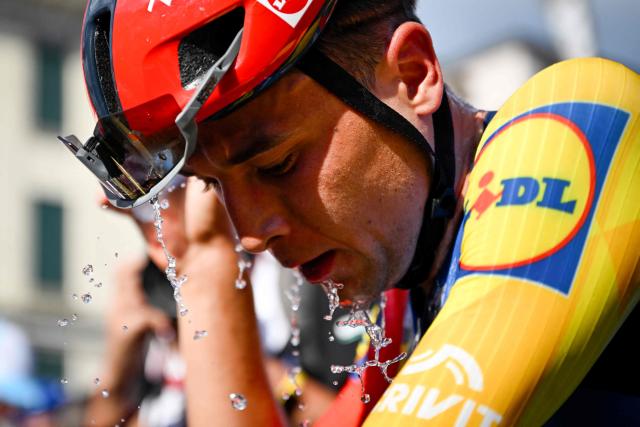 Italian rider Andrea Bagioli of team Lidl-Treck is pictured after crossing the finish line in third place in the first stage of the Men's Tour of Switzerland (Tour de Suisse) cycling race, in Sondrio, Italy, on June 17, 2026. (Photo by Marco BERTORELLO / AFP)