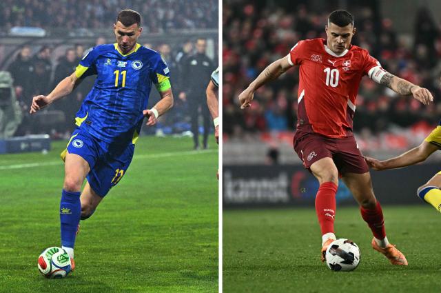(COMBO) This combination of file photos created on June 17, 2026, shows Bosnia-Herzegovina's forward #11 Edin Dzeko in Zenica on March 31, 2026 (L); and Sweden's forward #07 Benjamin Nygren in Geneva, on November 15, 2025. Switzerland and Bosnia and Herzegovina will mett in a 2026 World Cup Group B football match at the Los Angeles Stadium in Inglewood on June 18, 2026. (Photo by Elvis BARUKCIC and Fabrice COFFRINI / AFP)
