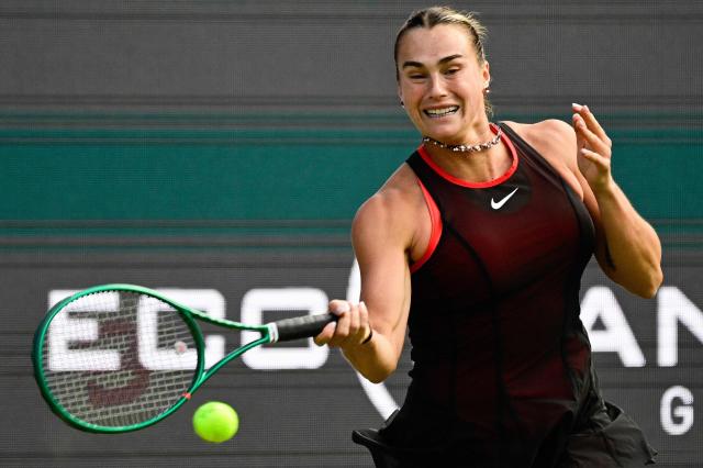 Berarus' Aryna Sabalenka returns the ball to Russia's Ekaterina Alexandrova during the women's singles round of 16 tennis match at the WTA 500 Berlin Tennis Open tournament in Berlin on June 17, 2026. (Photo by John MACDOUGALL / AFP)
