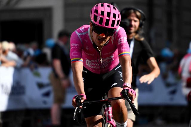 Ecuadorian rider Richard Carapaz of team EF Education-EasyPost is pictured after crossing the finish line in second place in the first stage of the Men's Tour of Switzerland (Tour de Suisse) cycling race, in Sondrio, Italy, on June 17, 2026. (Photo by Marco BERTORELLO / AFP)